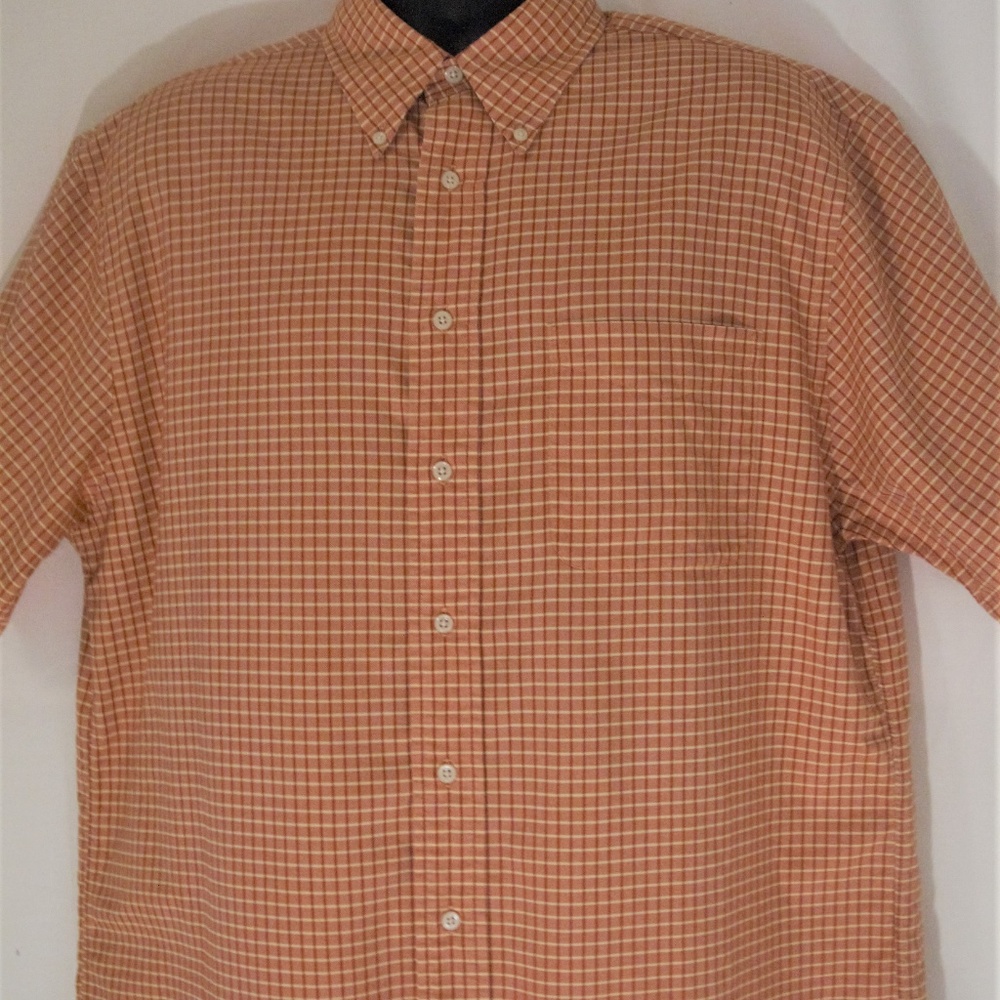 Men's shirt button front short sleeve  Orange and Cream colors Large